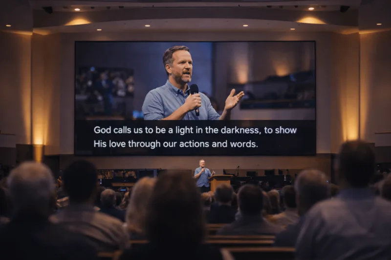 Church live captions and audio translation for church displayed on screen