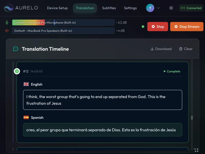 Aurelo church translation device interface - dark theme