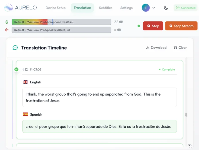 Aurelo church headset translation interface - light theme