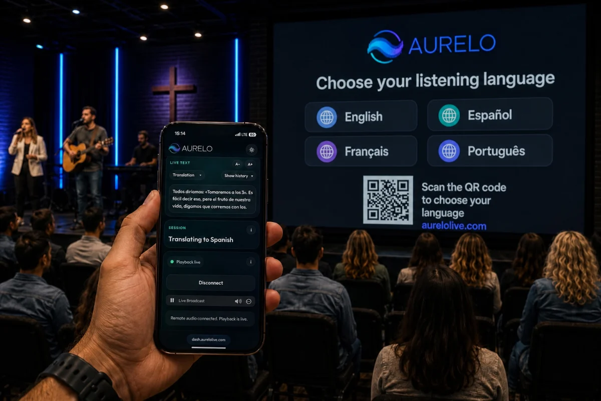 Church attendee choosing a listening language for the live service on an Aurelo phone interface